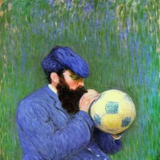 Prompt: monet painting of a bearded man with short hair kissing a soccer ball, closed eyes, intimate, beautiful, highly detailed, realistic,