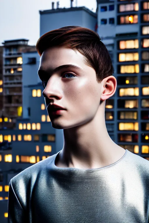 Image similar to un ultra high definition studio quality photographic art portrait of a young man standing on the rooftop of a british apartment building wearing soft padded silver pearlescent clothing. three point light. extremely detailed. golden ratio, ray tracing, volumetric light, shallow depth of field. set dressed.