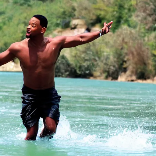 Image similar to will smith skipping over a river