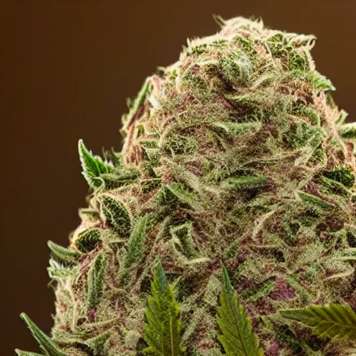 Prompt: Macro photo of thc covered marijuana bud, purple hairs,