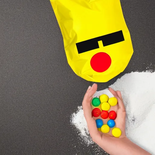 Image similar to yellow m & m with face holding a bag of white powder in its hands