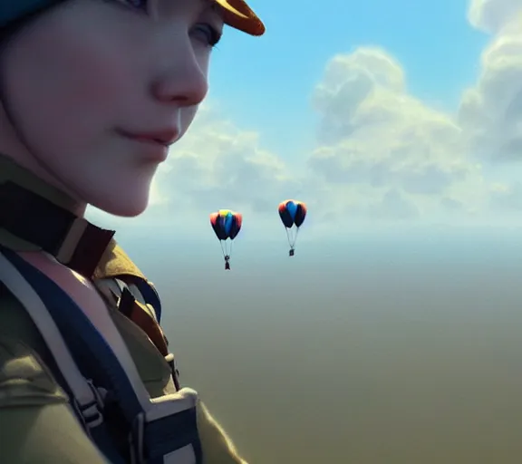 Image similar to five parachutists go to the plane, portrait, painting by craig mullins, octane rendering, soft morning lighting, wide angle lens, in the style of hayao miyazaki, trending on artstation,