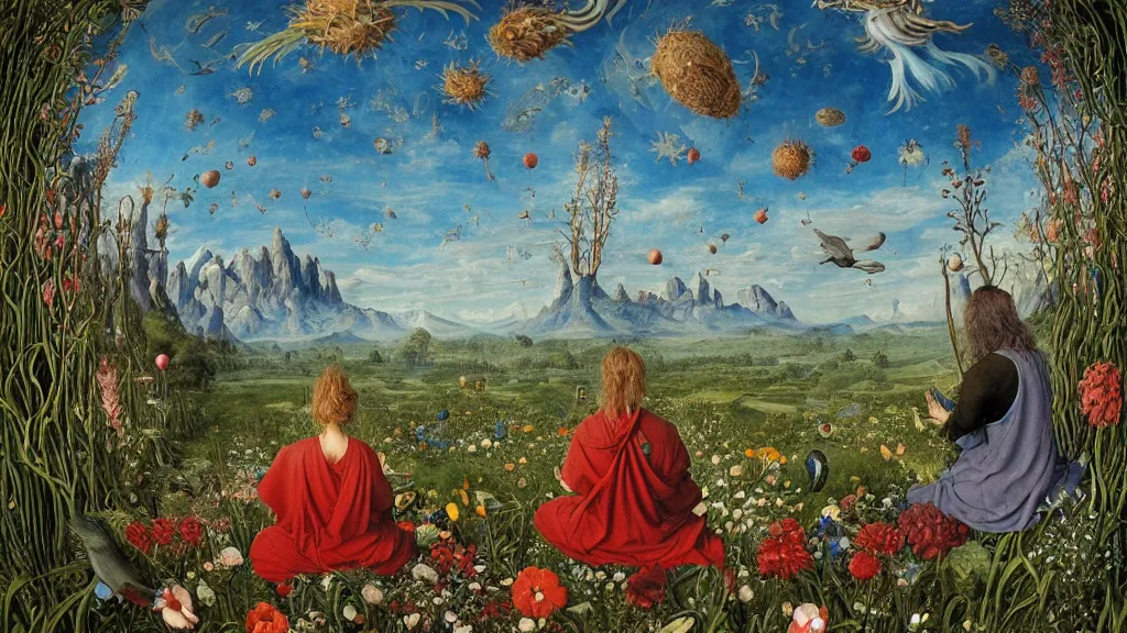 Image similar to a fish eye lense photograph of a meditating druid werewolf surrounded by towering bulbous flowers. wide landscape with mountains, river delta. clear blue sky with stars and birds. painted by jan van eyck, max ernst, ernst haeckel and ernst fuchs. trending on artstation, 8 k, award winning, fashion editorial, mythology, photorealistic, cacti everywhere