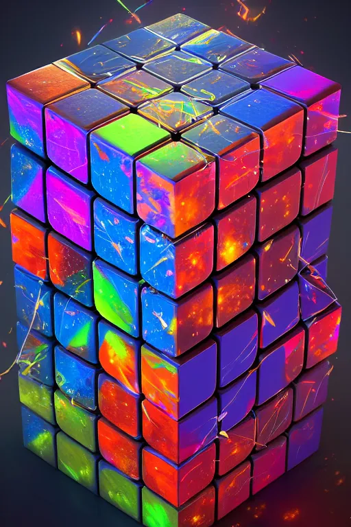 Image similar to four dimensional parallel universe cosmic rubik's cube hypercube tesseract with wormholes, energy, galaxies and cubes around it. epic, dramatic, cinematic, digital art, octane render, blender, 8 k, hyperrealistic, trending on artstation