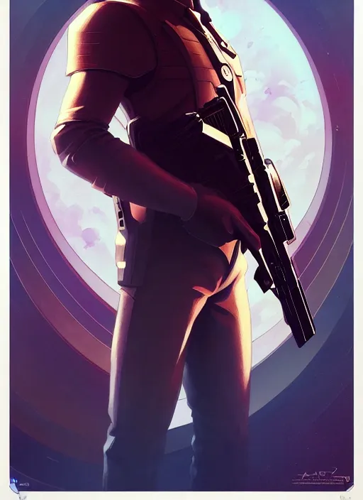 Prompt: side profile centered portrait, man with a gun, a spaceship in the background, by artgerm, cushart krenz, greg rutkowski, storyboard,, frames, west world show, mucha. art nouveau. gloomhaven, swirly vibrant ripples, gaudy colors, sharp edges. poster, 8 k. elegant, intricate, octane render