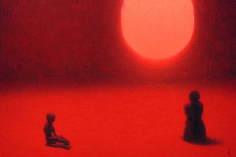 Image similar to only with red, a red shinigami eat apple, mars in background, an ancient path, in the style of beksinski, part by hopper, part by rodcenko, part by hofbauer, intricate composition, red by caravaggio, insanely quality, highly detailed, masterpiece, red light, artstation