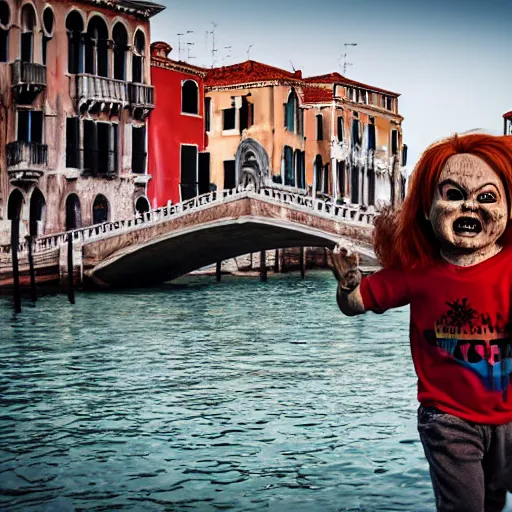 Image similar to screaming chucky doll chasing tourists in venice kodak porta hd