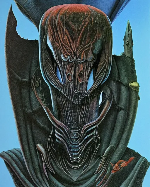 Image similar to male, ( ( dark jester by roger dean ) ), by hr giger, ( ( ( hd ) ) ), 8 k, highly detailed, ( ( sharpness ) )