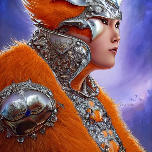 Image similar to a fat orange cat wearing a silver armor with golden ornaments and diamonds jewelry, wings by alex gray and android jones, karol bak, ayami kojima, amano, concept art, character design, fantasy, 3 d, 8 k resolution