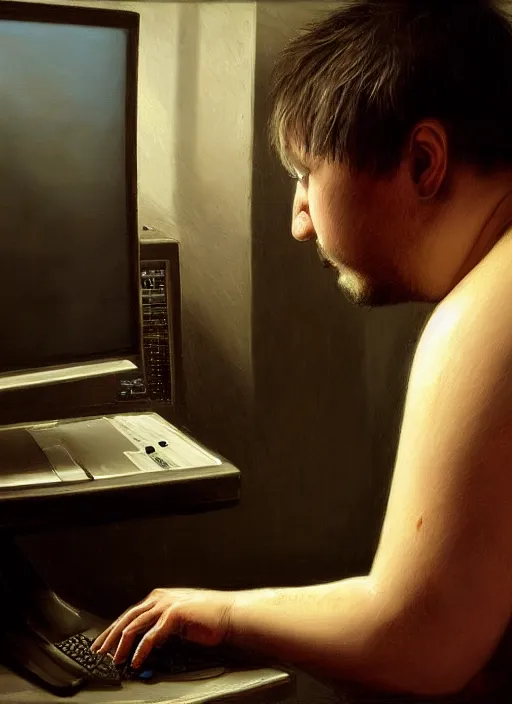 Image similar to insanely detailed chiaroscuro image of a exhausted - looking slightly fat casually - dressed programmer guy on his knees facing his glowing ultrawide computer monitor monitor begging it for forgiveness, oil on canvas, masterwork, fine detail, trending on artstation, emotive, insanely compelling, ryden, greg rutkowsky, moebius