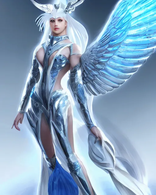 Image similar to perfect white haired attractive egyptian goddess with huge white dove wings, warframe armor, beautiful, symmetric, dreamy, half asian, pretty face, blue eyes, detailed, scifi platform, laboratory, experiment, 4 k, ultra realistic, epic lighting, android body, illuminated, cinematic, masterpiece, art by akihito tsukushi, voidstar, livia prima