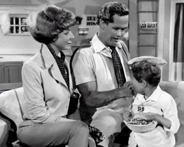 Prompt: Wally Cleaver eating Choco Taco ice cream on Leave It To Beaver, black and white television still