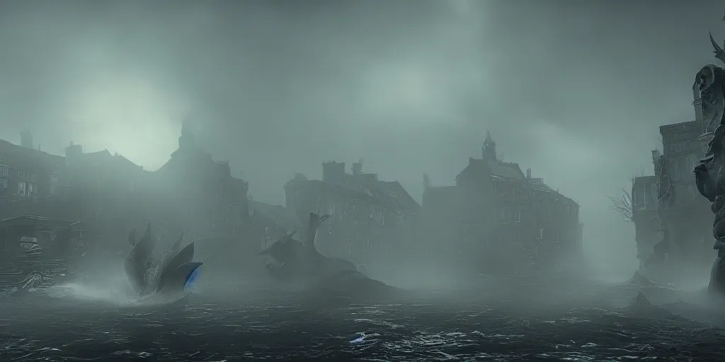 Image similar to the shadow over innsmouth, innsmouth dwellers, mutant fishmen, grand imposing powerful sculpture. swirls of mist. occult photorealism, uhd, amazing depth, volumetric lighting, cinematic lighting. epic landscape.