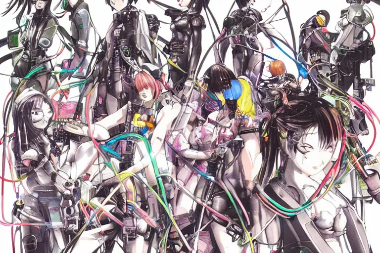 Image similar to cyberpunk anime illustration of a group of female android dolls lying in various poses over an spacious, empty white floor background with their bodies open showing wires and cables coming out, by katsuhiro otomo and masamune shirow, hyper-detailed, colorful, beautiful, bird view