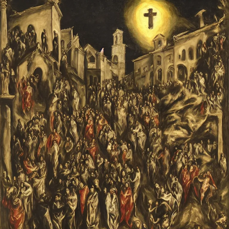Image similar to A Holy Week procession of souls in a lush Spanish village at night. A figure at the front holds a cross. El Greco.