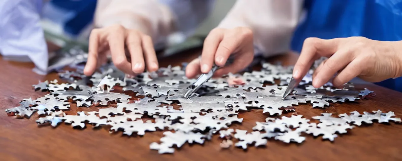 Image similar to a surgeon using a scalpel on a jigsaw puzzle on a table