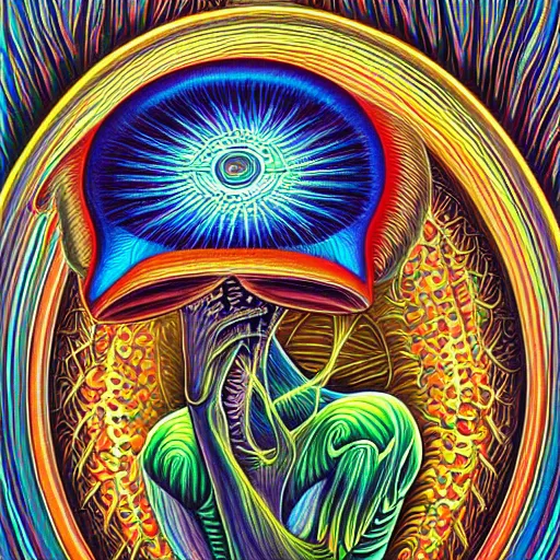 Prompt: mushroom god by Alex Grey