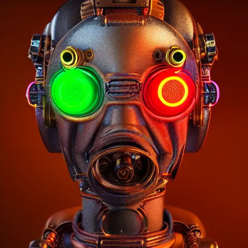 Prompt: a broncestatue of a steampunk futuristic robot head wearing brain sensors with multicolored tubes, 8 k, front shot, symetrical, flourescent colors, halluzinogenic, multicolored, insanely detailed, front shot, 3 d render, octane