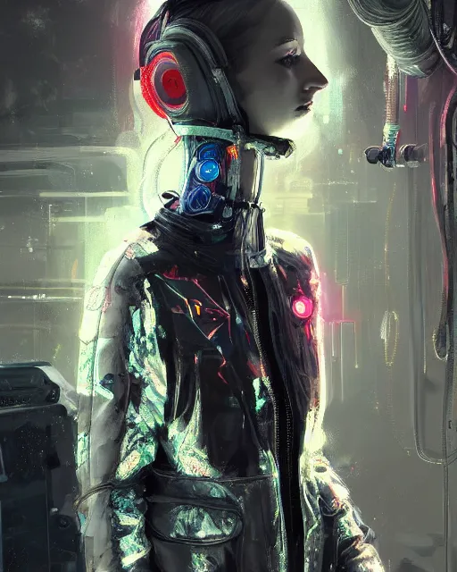 Image similar to detailed portrait neon medical machinery cyberpunk futuristic, reflective puffer jacket, black leggings, decorated with traditional ornaments in a white room with piles of garbage by ismail inceoglu dragan bibin hans thoma, perfect face, fine details, realistic shaded, fine - face, pretty face