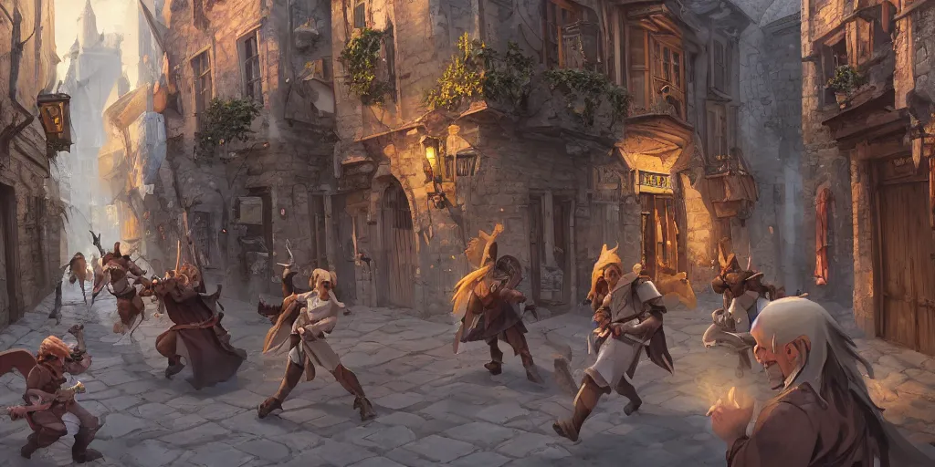Prompt: an exciting fantasy street battle within a fascinating old city, narrow streets, old buildings, by Sylvain Sarrailh, cinematic, simple but effective composition, clean lines, beautiful digital painting, oil painting, ultra photo-real render, great character design, dungeons and dragons, lord of the rings, close up characters, fantasy races