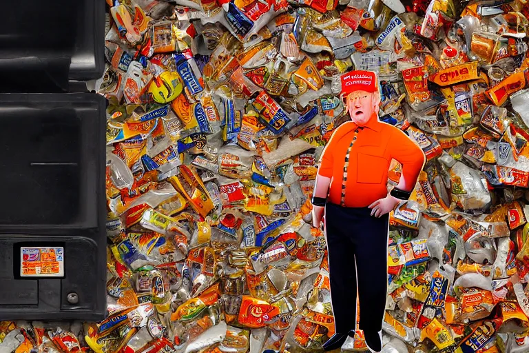 Prompt: award winning photo of Donald Trump, wearing an orange jumpsuit, behind prison bars, surrounded by used McDonald's wrappers, dramatic, hd, 4k, 35mm, f/22