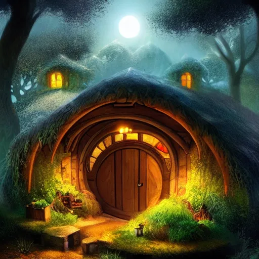 Image similar to a hobbit house with light coming out of a window, fantasy, digital art, artstation, beautiful, magical.