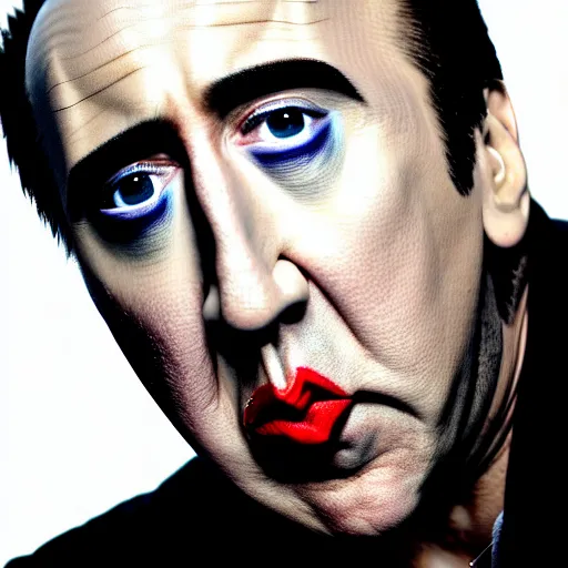 Image similar to uhd candid photo of nicholas cage made out of chickenwire. correct face, accurate face, exaggerated features, intricate details, intricate clown makeup, hyperdetailed, accurate face. photorealistic. photo by annie leibowitz