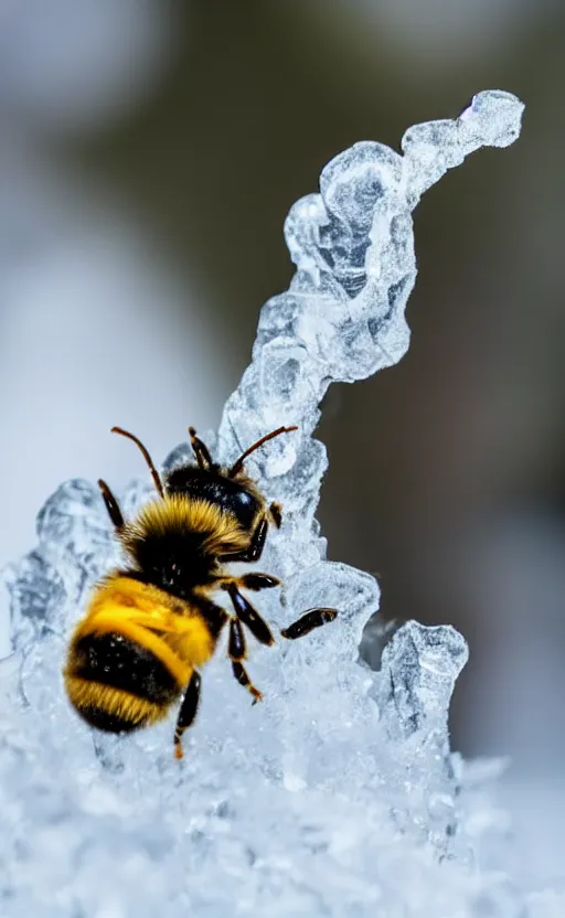 Image similar to a bee finding a beautiful flower, entrapped in ice, only snow in the background, beautiful macro photography, ambient light