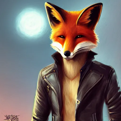 Image similar to A fox with a small head wearing a leather jacket and leather jeans and leather gloves, trending on FurAffinity, energetic, dynamic, digital art, highly detailed, FurAffinity, high quality, digital fantasy art, FurAffinity, favorite, character art