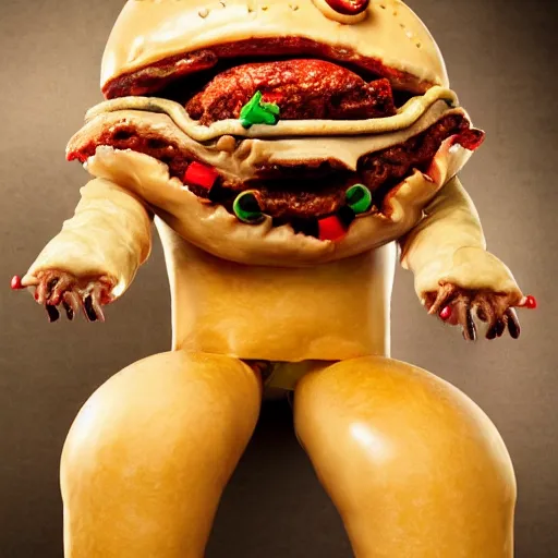 Image similar to a humanoid bipedal upright zombie that strongly resembles a hamburger, professional food photography