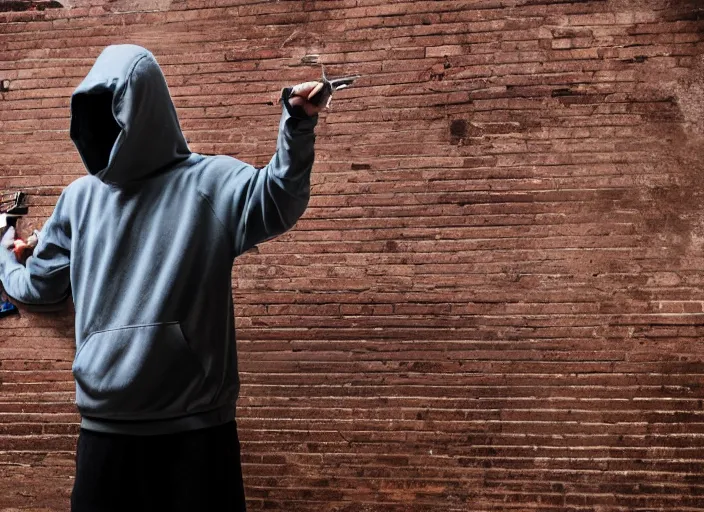 Prompt: hooded man spray painting graffiti on brick wall, cinematic lighting