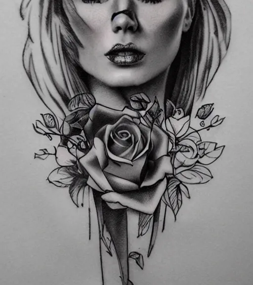 Prompt: double exposure tattoo design sketch of isabelledeltore with beautiful roses, realism tattoo, in the style of matteo pasqualin, amazing detail, sharp