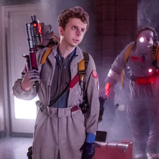 Image similar to Michael Cera as a Ghostbuster in the movie Ghostbusters movie still 8k hdr