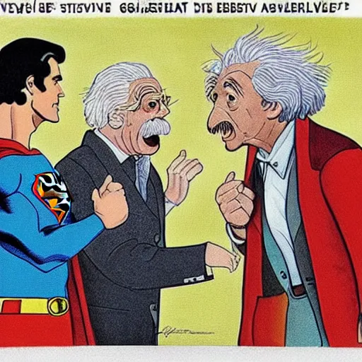 Prompt: a realistic colourful picture depicting a scene of superman and Albert Einstein aggressively debating general relativity