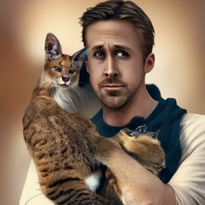 Image similar to Ryan Gosling holds a caracal cat in his hands, ultra highly detailed, smooth, sharp focus, elegant, artstation