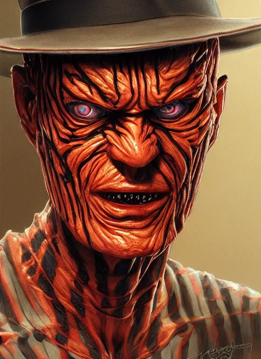 Image similar to Freddy Krueger, highly detailed, centered, solid color background, digital painting, artstation, concept art, smooth, sharp focus, illustration, Jason Edmiston, donato giancola, Joseph Christian Leyendecker, Les Edwards, Ed Repka, WLOP, Artgerm