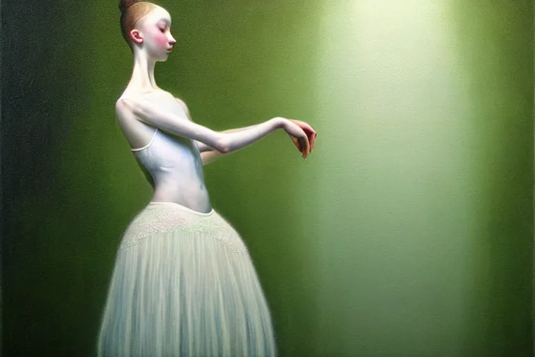 Prompt: hyperrealistica young beautiful ballerina in lush white and light white dress sits on the floor before the performance, in the style of beksinski, solarpunk, atmospheric, clean, intricate and epic composition, green by caravaggio, insanely quality, highly detailed, masterpiece, blue light, artstation, 4 k
