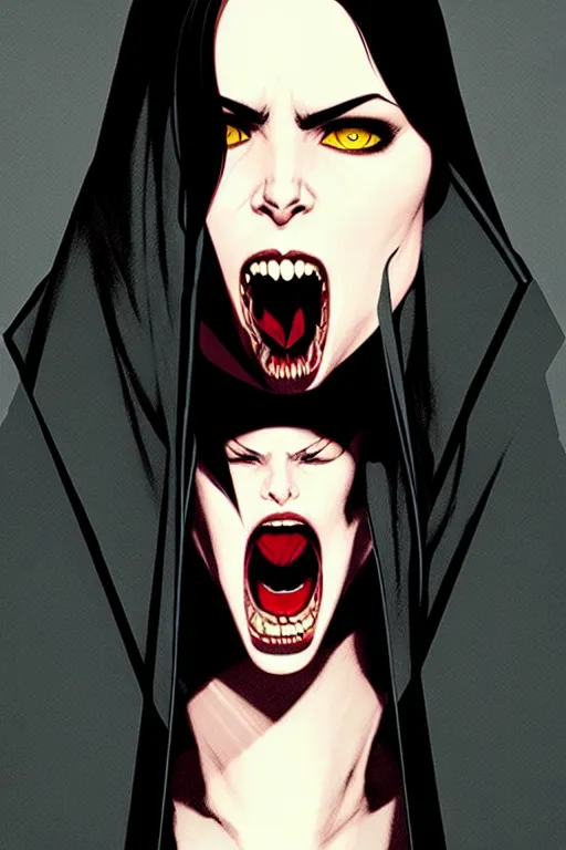 Image similar to rafael albuquerque comic art, peter mohrbacher, phil noto, steve niles, artgerm, pretty willa holland vampire sharp vampire teeth open mouth, symmetrical eyes, black leather jacket, jeans, long black hair