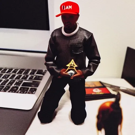 Image similar to “an award winning photograph of a shiny plastic action figure doll of Kendrick Lamar, the rapper, hip hop artist, dressed as a programmer. Cool!”
