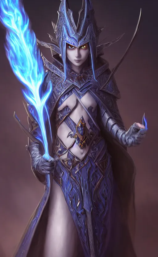 Image similar to legendary dark elf wizard with blue flame staff, highly detailed, d & d, fantasy, highly detailed, digital painting, trending on artstation, concept art, sharp focus, illustration, global illumination, ray tracing, realistic shaded, art by artgerm and greg rutkowski and fuji choko and viktoria gavrilenko and hoang lap