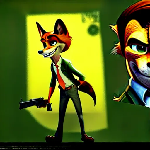 Image similar to concept art of nick wilde as max payne in max payne 3 set in gritty neo - noir zootopia, favela level