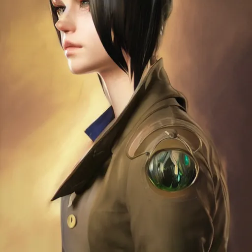 Image similar to a head and shoulders portrait of a young girl with green eyes and short black hair in a tan trenchcoat, from Final Fantasy XIII, retro, smooth, sharp focus, intricate, artstation, hyper realistic, detailed concept art by Rutkowski and Mucha and sky sewa and Marc Simonetti