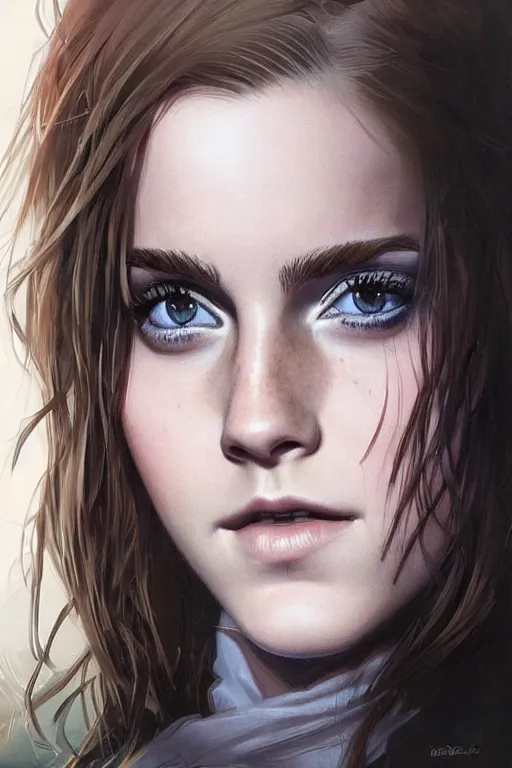 Image similar to emma watson with big eyes, beautiful eyes, blue eyes, green eyes, lovely eyes, red eyes, glowing eyes, by artgerm and greg rutkowski