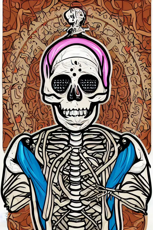 Image similar to A portrait of a skeleton who is a monk, sticker, portrait, highly detailed, colorful, illustration, smooth and clean vector curves, no jagged lines, vector art, smooth