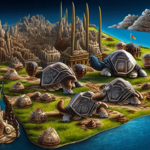 Image similar to Large Fantasy City located on the back of a Giant tortoise stomping through the hot sunny desert, High detail, Dungeons and Dragons, Focus on giant tortoise, 4k