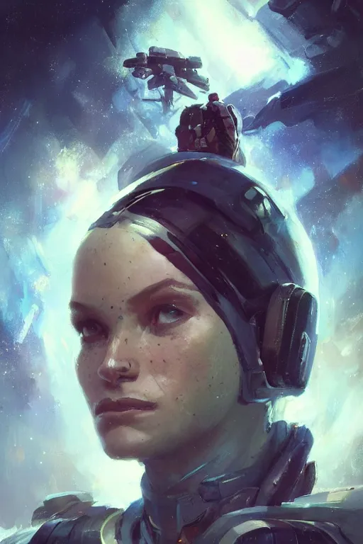 Image similar to A full portrait of a scifi heavy deep space freighter pilot, by Raymond Swanland Greg Rutkowski Lise Deharm, {perfect face}, {perfect eyes}, elegant regal posture