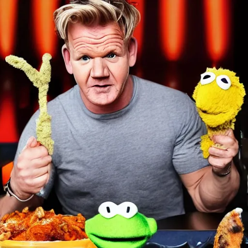 Image similar to photo of gordon ramsay eating a muppet