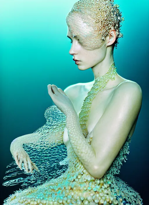 Image similar to kodak portra 4 0 0 photo portrait of a beautiful sirens floating in a crystal tank in style of tim walker, amphibian skin dress intricate detailed scales, 5 0 mm lens, f 2. 4, elegant, highly detailed, sharp focus, ethereal, out worldly colours, emotionally evoking, head in focus, soft blur light dreamy underwater, volumetric lighting, epic fantasy