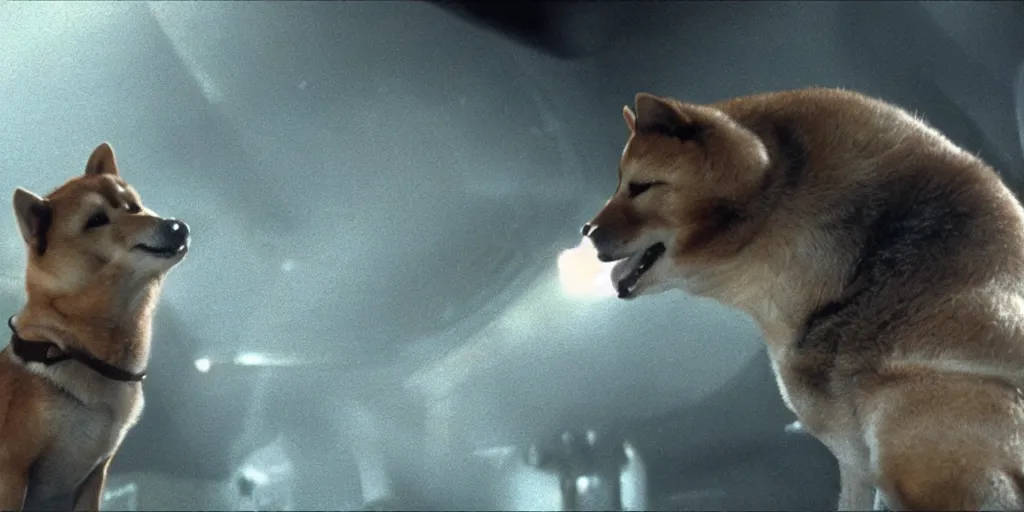 Image similar to a screenshot of the alien movie in 1 9 7 9 but the alien is a shiba inu dog