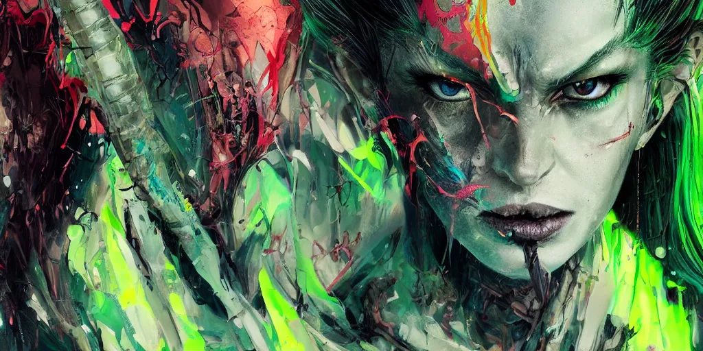 Image similar to a Demon Slayer portrait of Vector W8, tall, pale-skinned, slender with lime green eyes and long eyelashes by Stanley Artgerm, Tom Bagshaw, Arthur Adams, Carne Griffiths, trending on Deviant Art, street art, face enhance, chillwave, maximalist, full of color, glittering